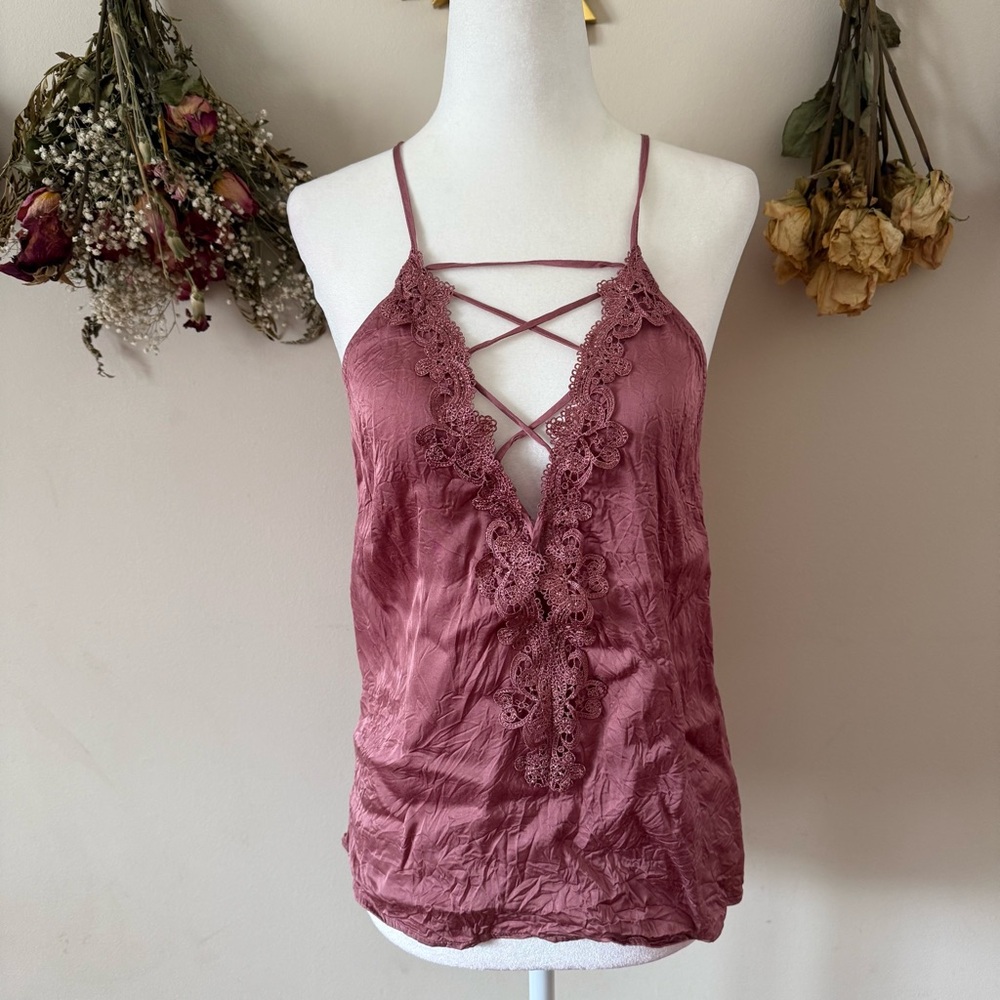 Willow & Clay Fairycore Dusty Rose Lace Criss Cross Halter Top